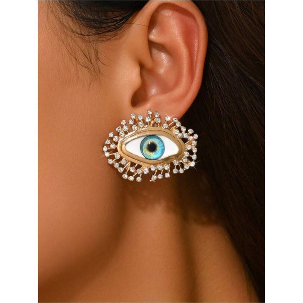 Gold Tone Blue Evil Eye Crystal Stud R406